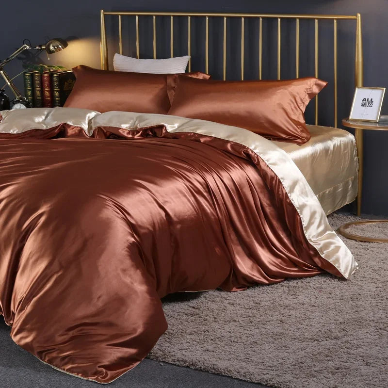 Luxury silk bedding set with duvet cover, fitted and flat sheets, and pillowcases in solid color, by 𝕄𝕔 𝕋𝕙𝕖 𝔹𝕝𝕒𝕔𝕜 𝔻�