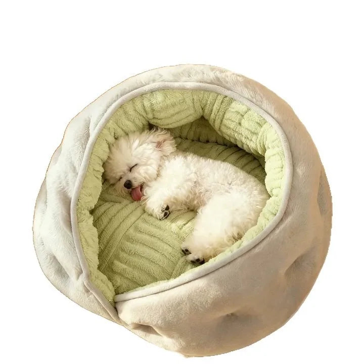 Small dog bed by MC THE BLACK DIAMOND with thick, plush fabric, designed for winter warmth and all-season comfort.