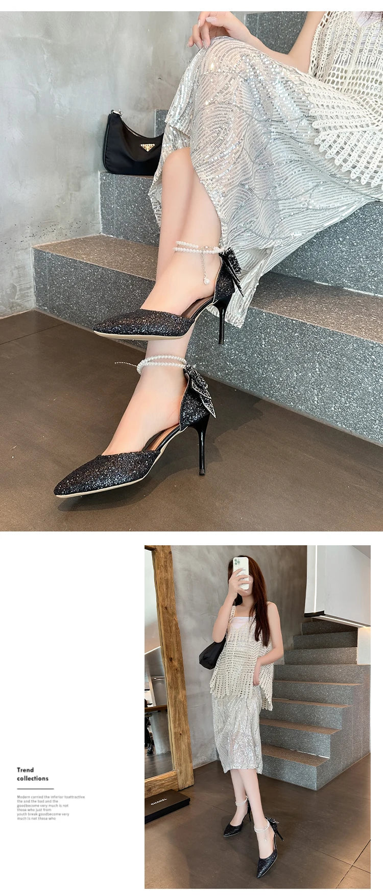 Elegant women's French pointy high heels with sequin bow, pearl accents, and shallow mouth design from 𝕸𝖔𝖍𝖆𝖒𝖒𝖆𝖉 ♛ 𝕮𝖔𝖑𝖑