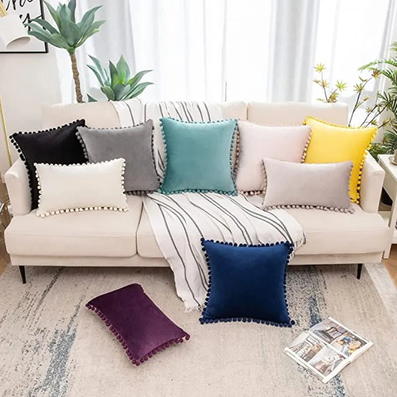 MC THE BLACK DIAMOND velvet throw pillow cover with pom-pom accents, large solid cushion case for cozy sofa decor.