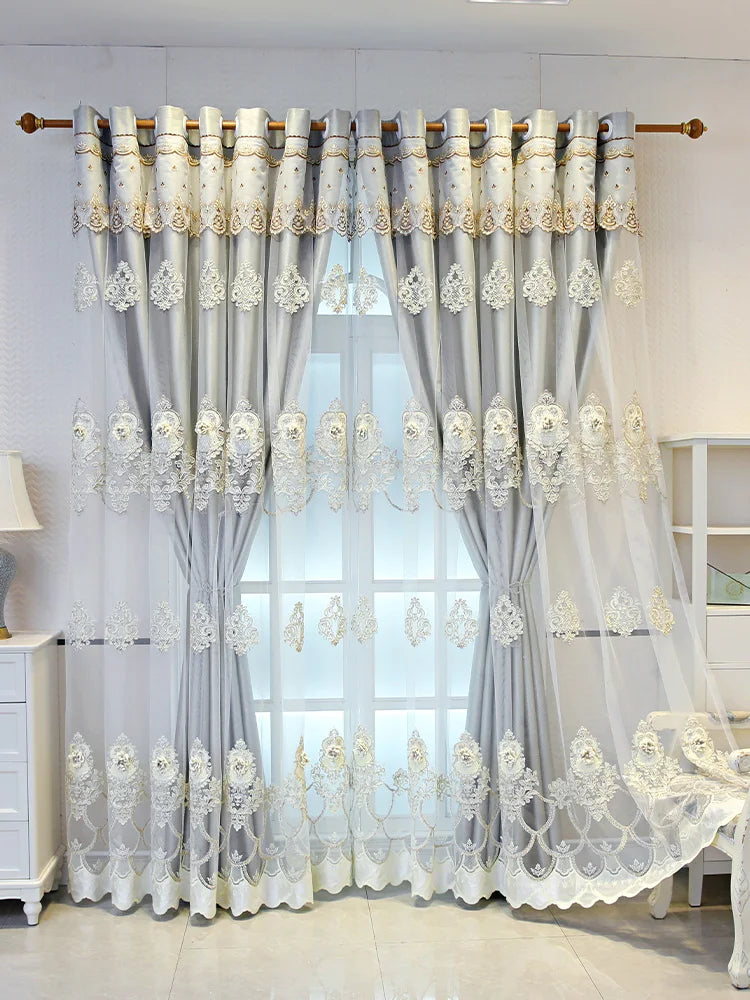 Elegant Double-Layer Curtains with Embossed Base & 3D Embroidered Detailing Decorative Blackout Drapes for Bedroom/Living Room - https://mohammadcollection.com