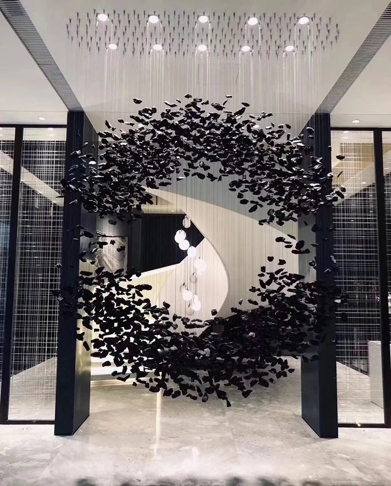 Black Art Luxury Stone Crystal Chandelier For Staircase Hallway Lobby Modern Cristal LED Hanging Lamp Home Indoor Light Fixtures