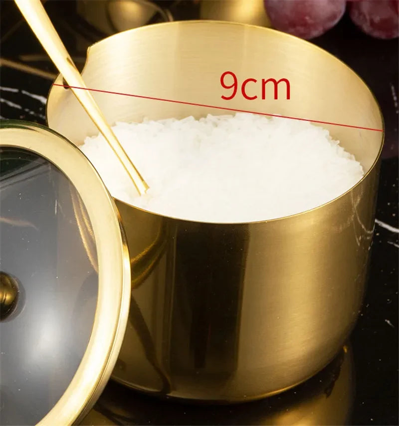 Gold MC THE BLACK DIAMOND 304 seasoning box with glass cap, spoon, and spice jar for salt, soy sauce, and flavor storage in kitchen