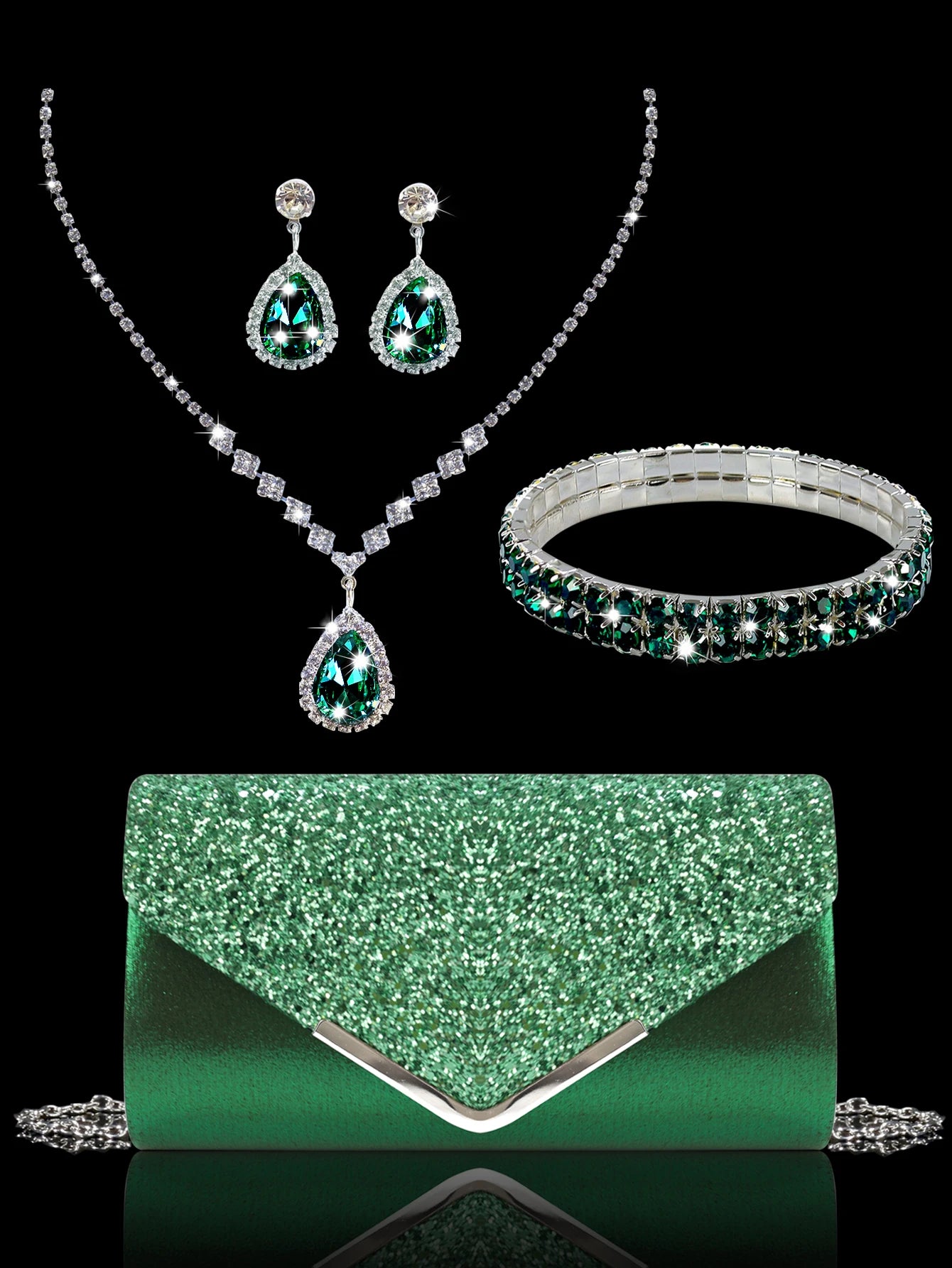 Sparkling MC THE BLACK DIAMOND sequined evening clutch with rhinestone necklace, earrings, and bracelet set for women.