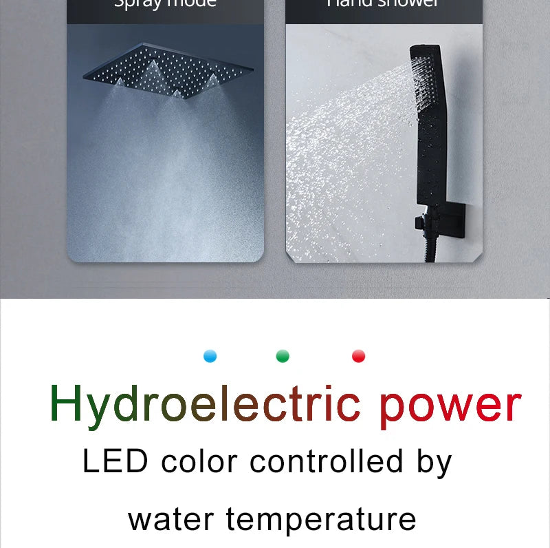 Luxury MC The Black Diamonds rainfall mist spray LED shower head set with side massage jets and a sleek bath design.
