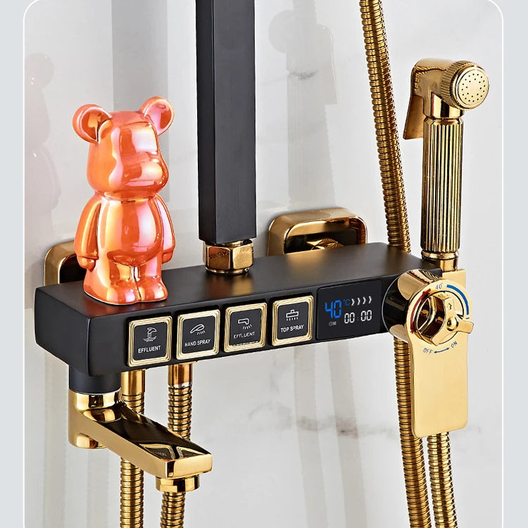 Luxury hot and cold digital rainfall shower head set by MC THE BLACK DIAMOND, featuring sleek shower caddies and modern design.