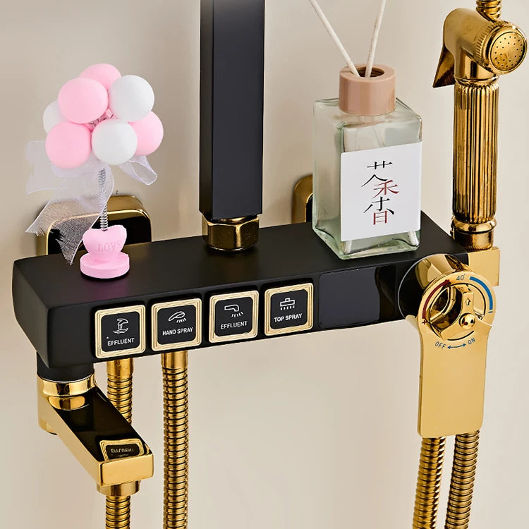 Luxury digital bathroom rainfall shower head set with shower caddies from MC THE BLACK DIAMOND, featuring a modern showerhead and accessories.