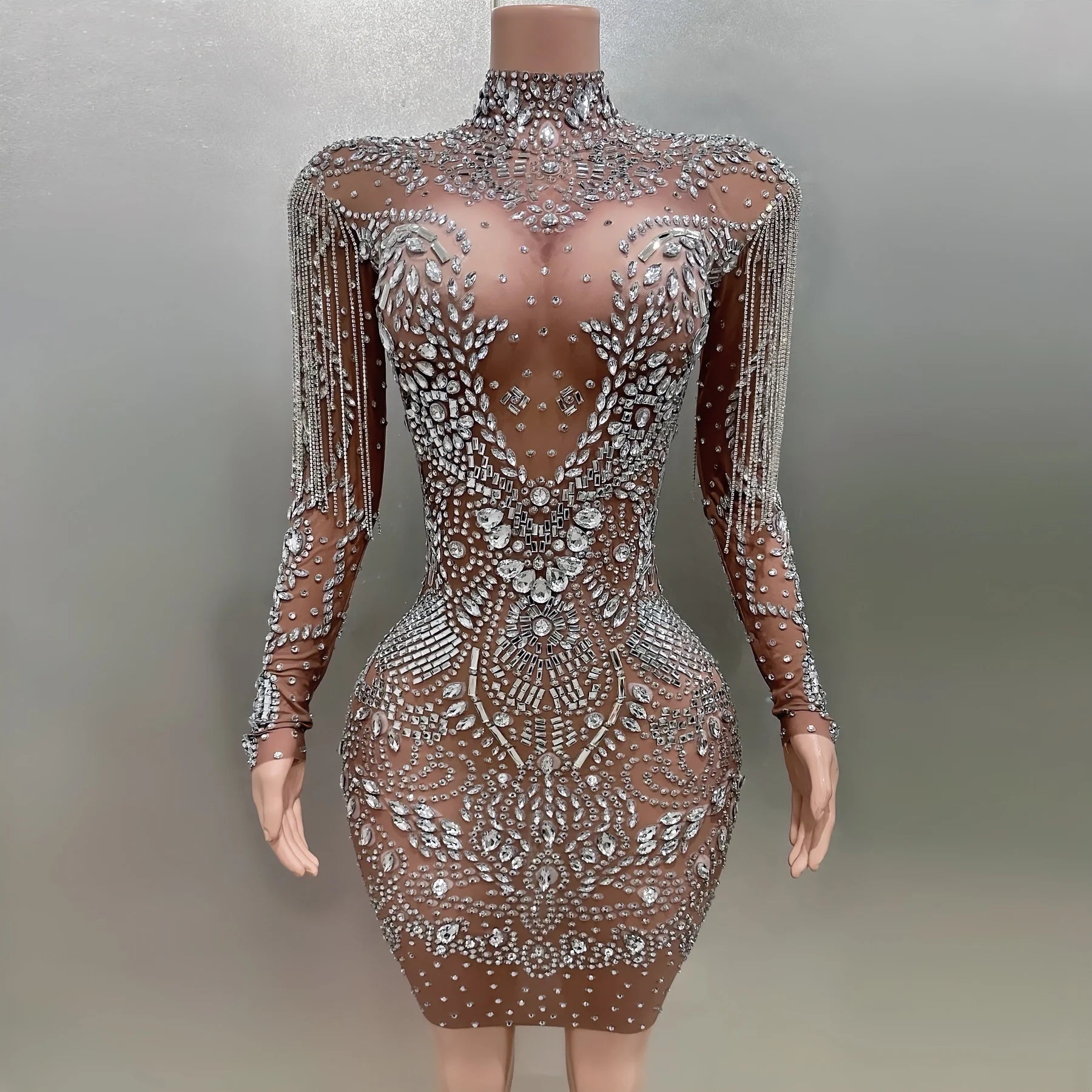 MC THE BLACK DIAMOND sheath mini dress with flashing rhinestones and tassels, perfect for nightclub performances and stage shows.