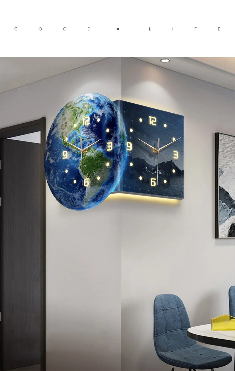 Earth Double Sided Corner Clock LED Wall Clock Modern Design Living Room Decoration Advanced Sense Wall Watch Home Wall Decor - 𝕄𝕮 𝕋𝕙𝕖 𝔹𝕝𝕒𝕔𝕜 𝔻𝕚𝕒𝕞𝕠𝕟𝕕