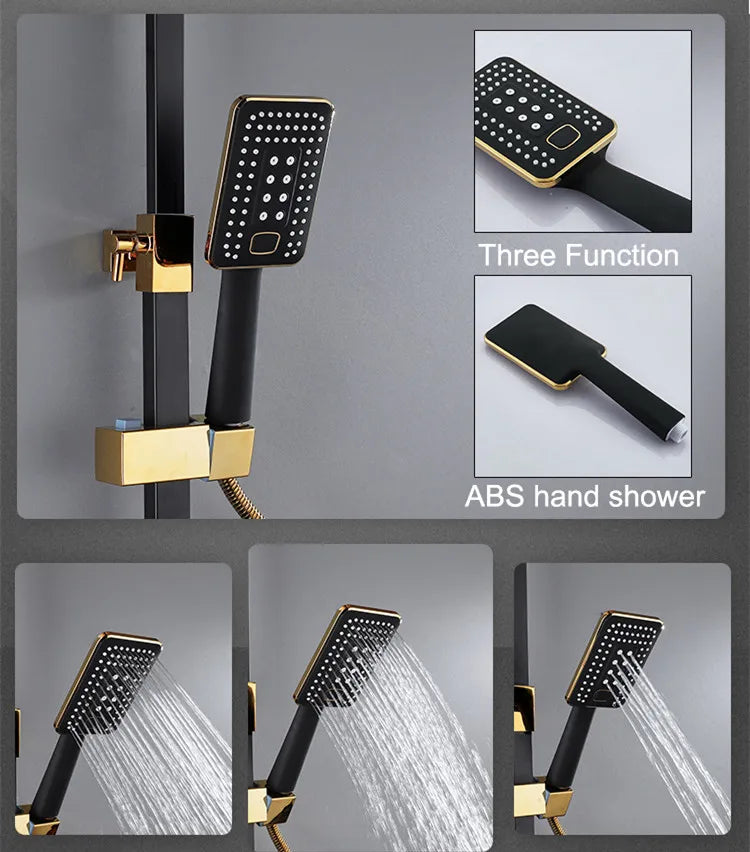 Luxury MC THE BLACK DIAMOND hot and cold digital rainfall shower head set with built-in shower caddy, modern bathroom fixture.