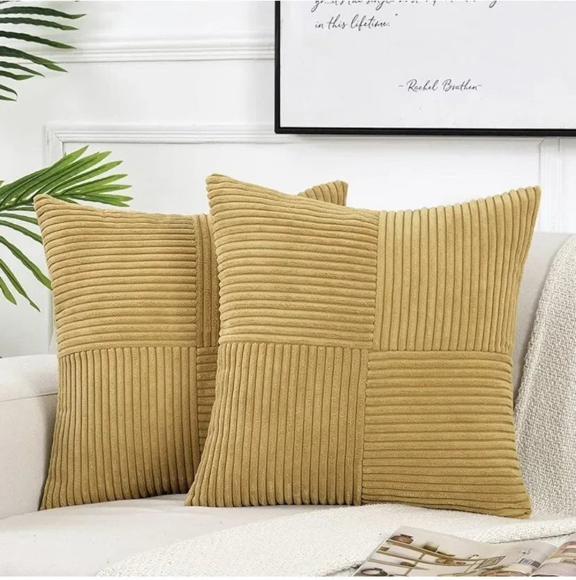 Mustard yellow corduroy boho spliced throw pillow cover with cross patchwork, textured cushion case for soft couch decor.