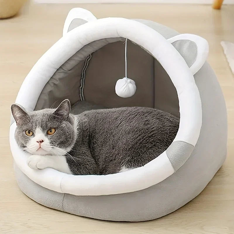 1 Comfortable Cartoon Cat House with Removable Pad, Modern Style Pet Bed Cave, Indoor Plush House Bed with Pompom - https://mohammadcollection.com