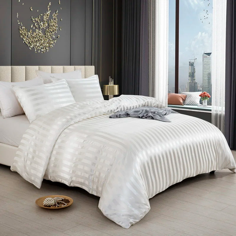Luxury satin striped duvet cover set in ivory white, featuring silky smooth fabric and full/queen/king/double sizes from 𝕄𝕔 𝕋𝕙𝕖 𝔹𝕝𝕒𝕔𝕜 �