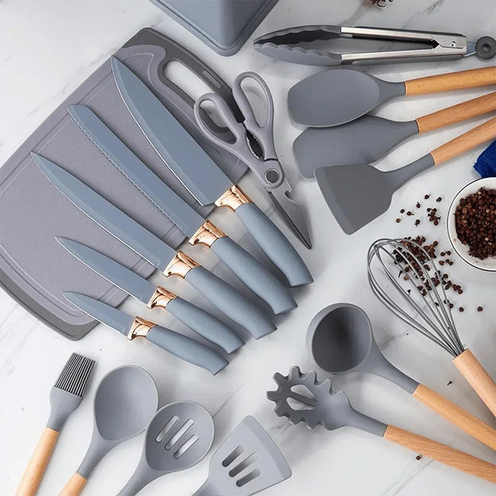 Set of 19 non-stick silicone kitchen utensils including spatulas, spoons, and tongs from ๐๐ ๐๐๐ ๐น๐๐๐๐ ๐ป๐