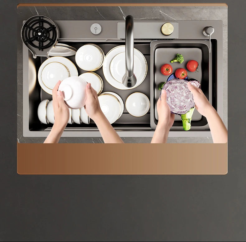 Black Nano kitchen sink waterfall faucet with soap dispenser, single bowl, stainless steel, and cup washer from 𝕄𝕔 𝕋𝕙𝕖 𝔹𝕝𝕒𝕔𝕜 𝔻𝕚
