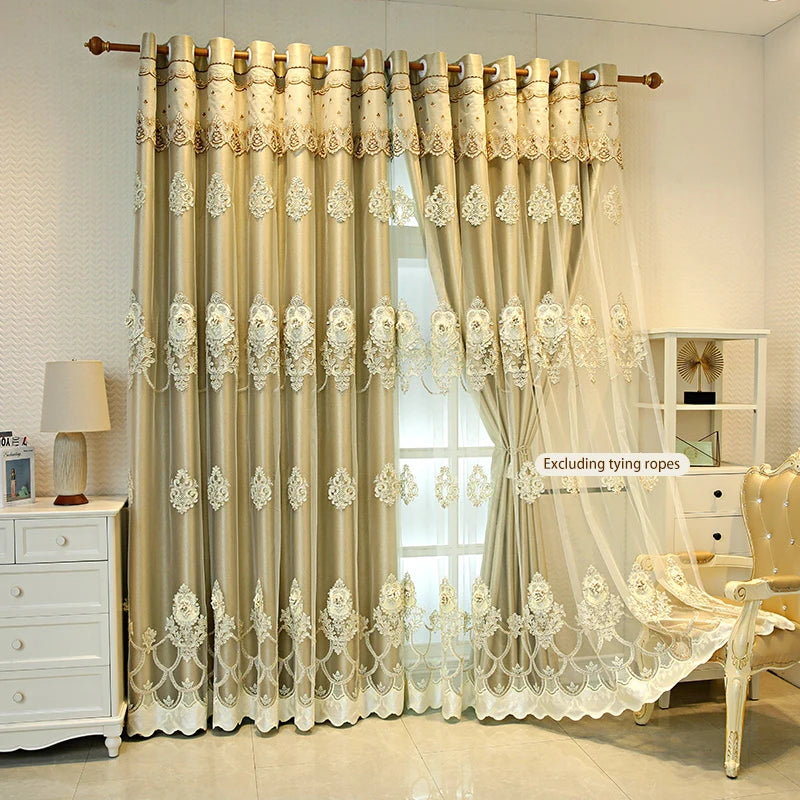 Elegant Double-Layer Curtains with Embossed Base & 3D Embroidered Detailing Decorative Blackout Drapes for Bedroom/Living Room - https://mohammadcollection.com