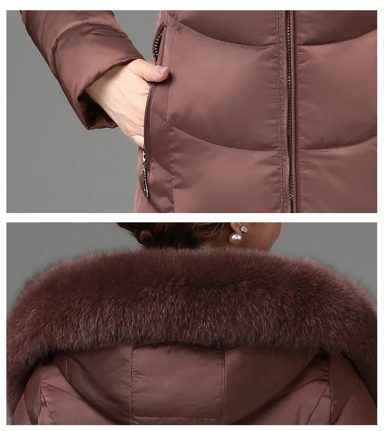 Shengyu Boya women's knee-length down jacket with thick fur collar, slim fit, suitable for middle-aged and elderly women.