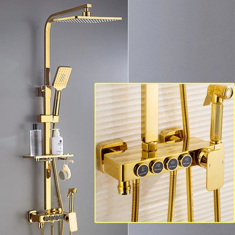 Luxury hot and cold digital rainfall shower head set with shower caddy from MC THE BLACK DIAMOND, featuring modern bathroom accessories.