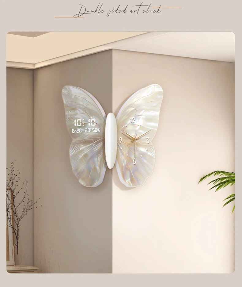 Double-sided white digital wall clock by MC THE BLACK DIAMOND, featuring corner design and mute functionality.