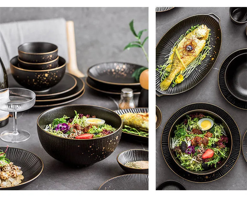 Black porcelain dinner plate with gold rim from ๐๐ฎ ๐๐๐ ๐น๐๐๐๐ ๐ป๐๐๐๐ ๐