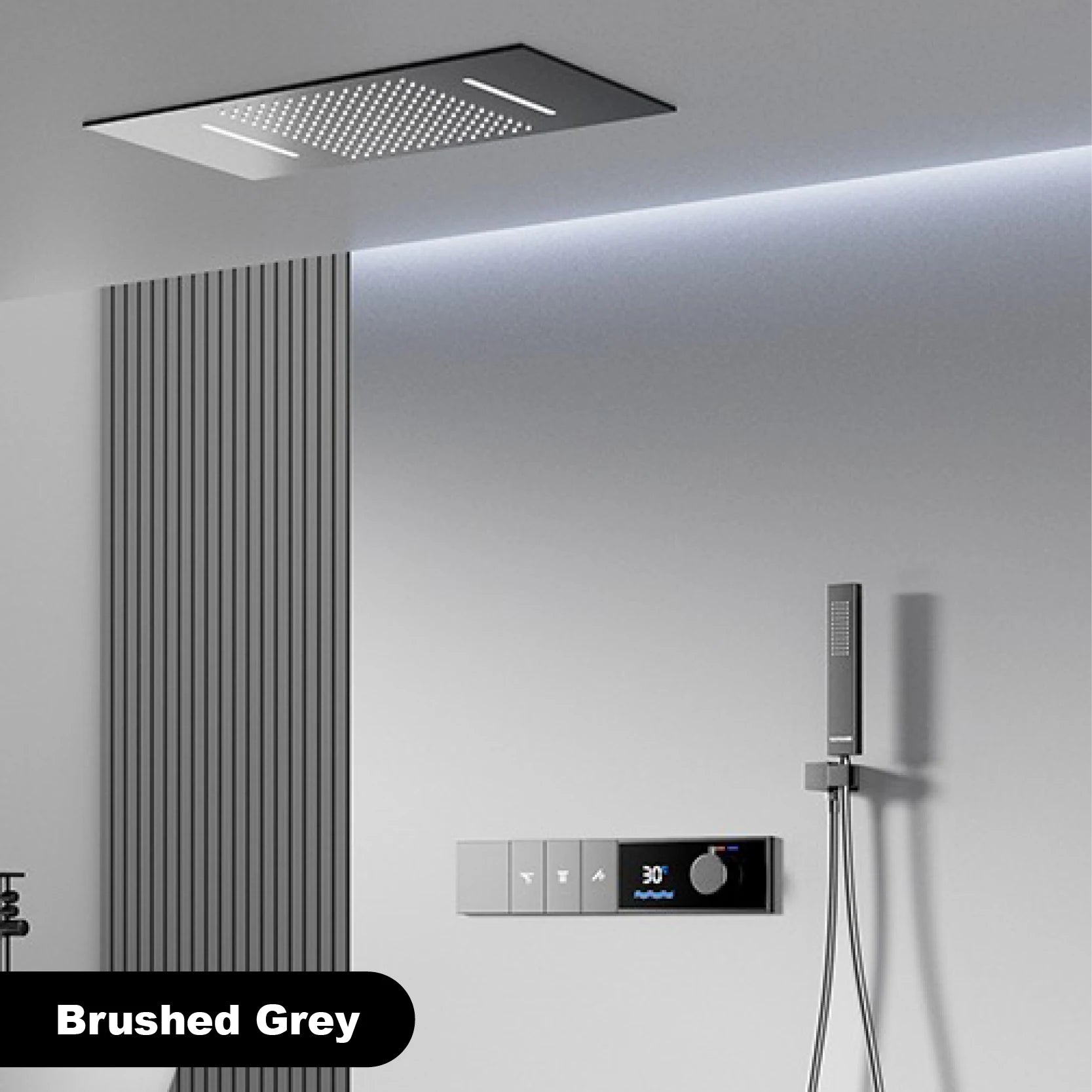 Luxury brass grey shower system with digital display, 3 spray modes, waterfall outlet, and bath mixer from ๐๐ ๐๐๐ ๐น๐๐๐๐ ๐ป๏ฟฝ