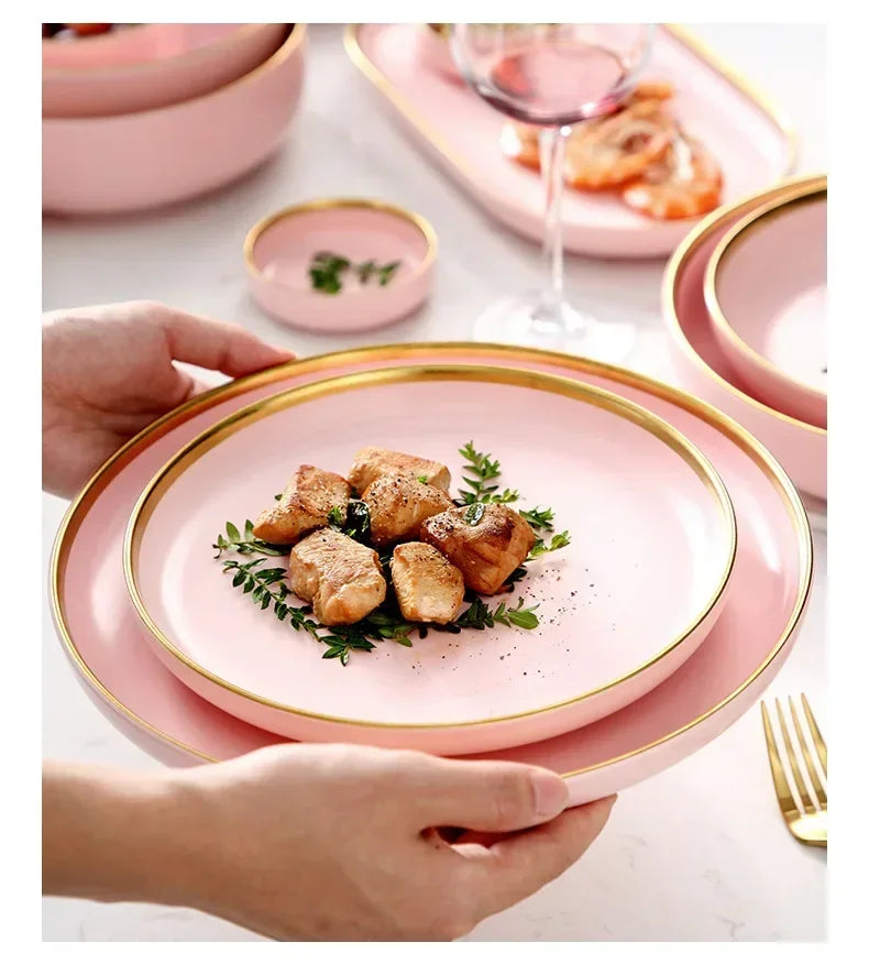 Gilt rim pink porcelain dinner plate from 𝕄𝕔 𝕋𝕙𝕖 𝔹𝕝𝕒𝕔𝕜 𝔻𝕚𝕒𝕞𝕠𝕟