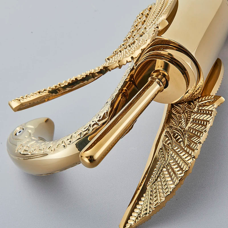 Golden Basin Faucet Deck Mount Sink Short Faucets Swan Shape Single Handle Sink Hot Cold Water Mixer Tap - https://mohammadcollection.com