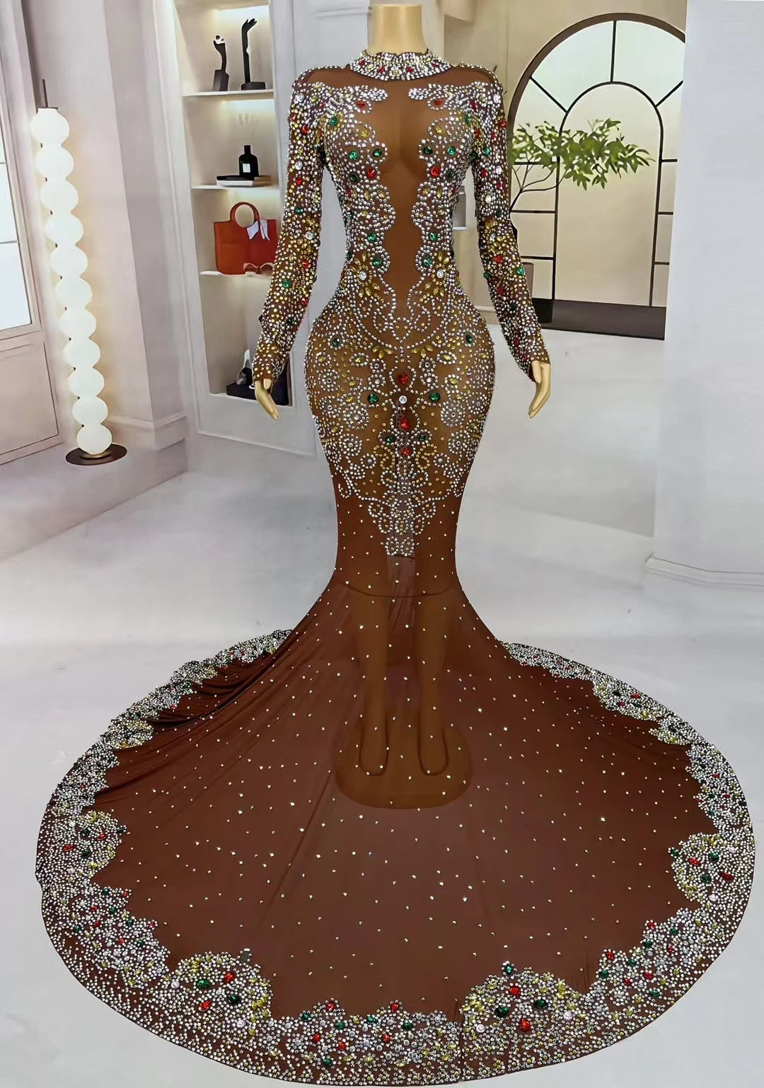 MC THE BLACK DIAMOND luxury floor-length dress with sparkling crystals, elegant and glamorous evening wear.