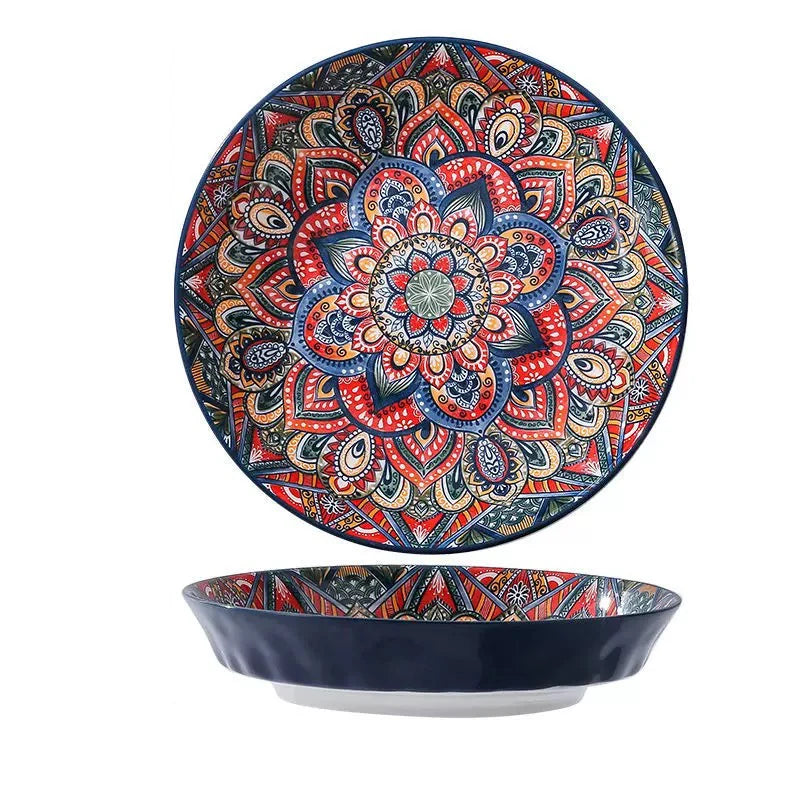Bohemian ceramic dinnerware set with unique floral pattern by MC THE BLACK DIAMOND, featuring plates, bowls, and cups.