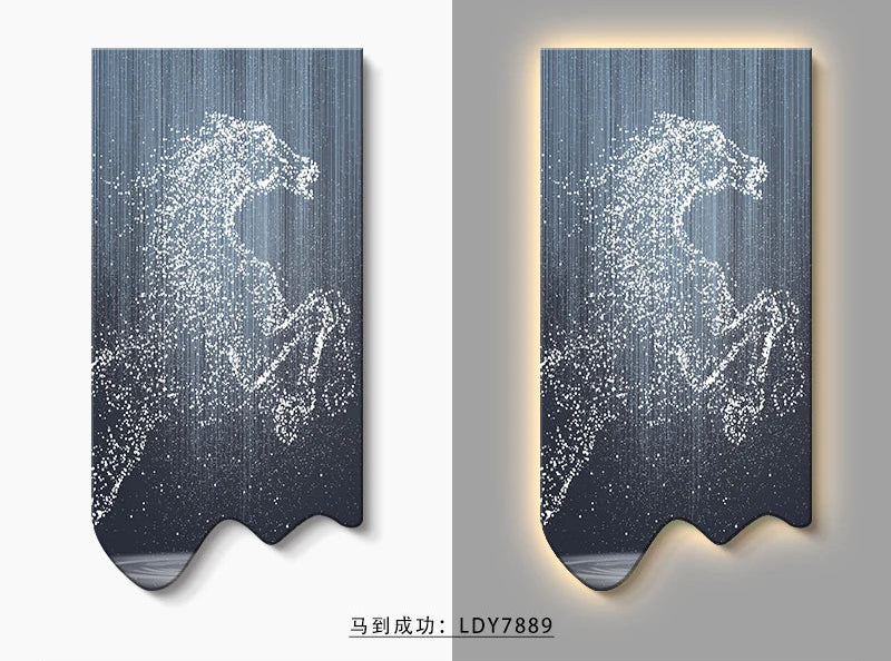 Modern art wall decor painting of a horse by MC THE BLACK DIAMOND, luminous LED hanging poster for luxury living room or corridor.