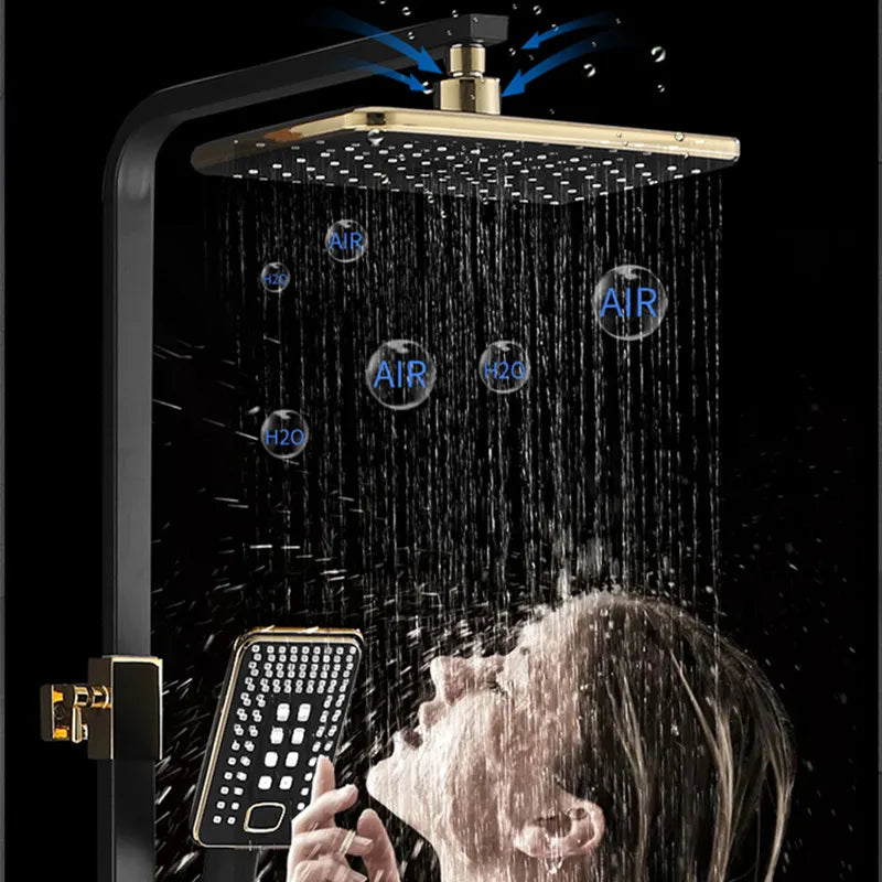 Luxury hot and cold digital bathroom rainfall shower head set with shower caddies by MC THE BLACK DIAMOND, shown with sleek design and fixtures.