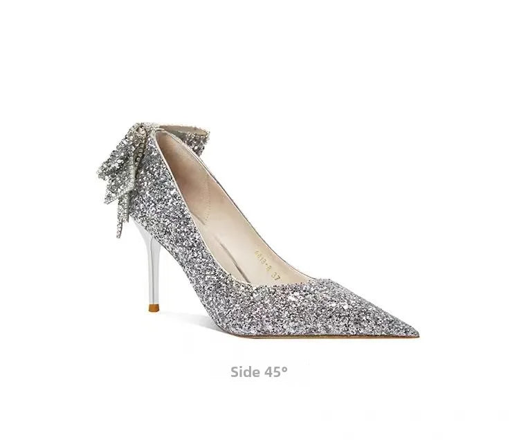 Silver crystal soft leather high heels slip-on shoes for women, pointed toe, elegant design for weddings and formal events.