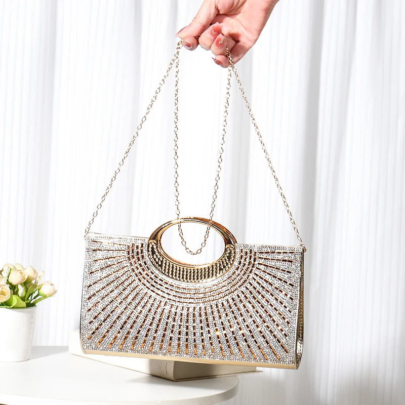 Elegant rhinestone sequin women's evening clutch bag with chain, luxury diamond design for weddings and parties.