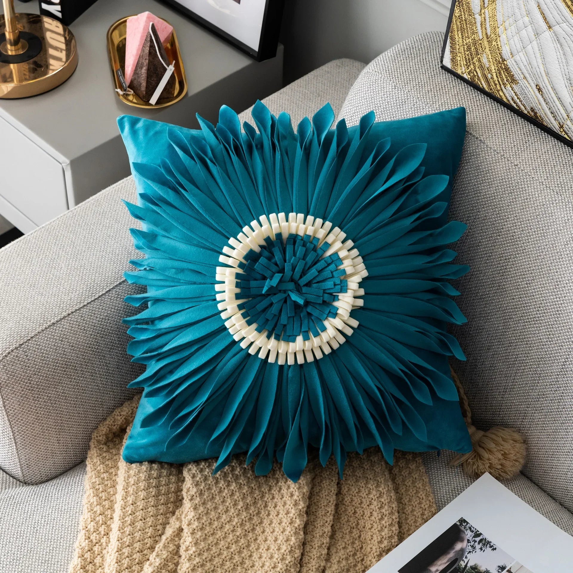 Pink and white velvet throw pillow with 3D chrysanthemum embroidery, 45x45cm, from MC THE BLACK DIAMOND home decor collection.