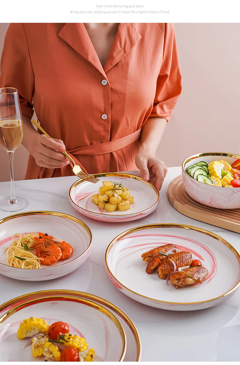 Pink gilded marble porcelain dinner plate set with bowls and spoons, elegant ceramic kitchen dinnerware from MC THE BLACK DIAMOND.