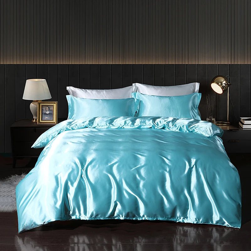 Luxury satin bedding set with fitted sheet and duvet cover from MC THE BLACK DIAMOND, showcasing smooth, elegant home decor.