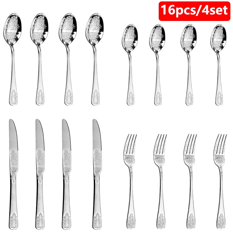 Set of 16/24 stainless steel silverware including forks, knives, spoons from MC The Black Diamonds kitchen cutlery collection.