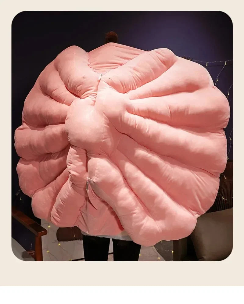 Large clam shell cushion plush pillow in seashell design, perfect for kids' beds, by MC The Black Diamond.