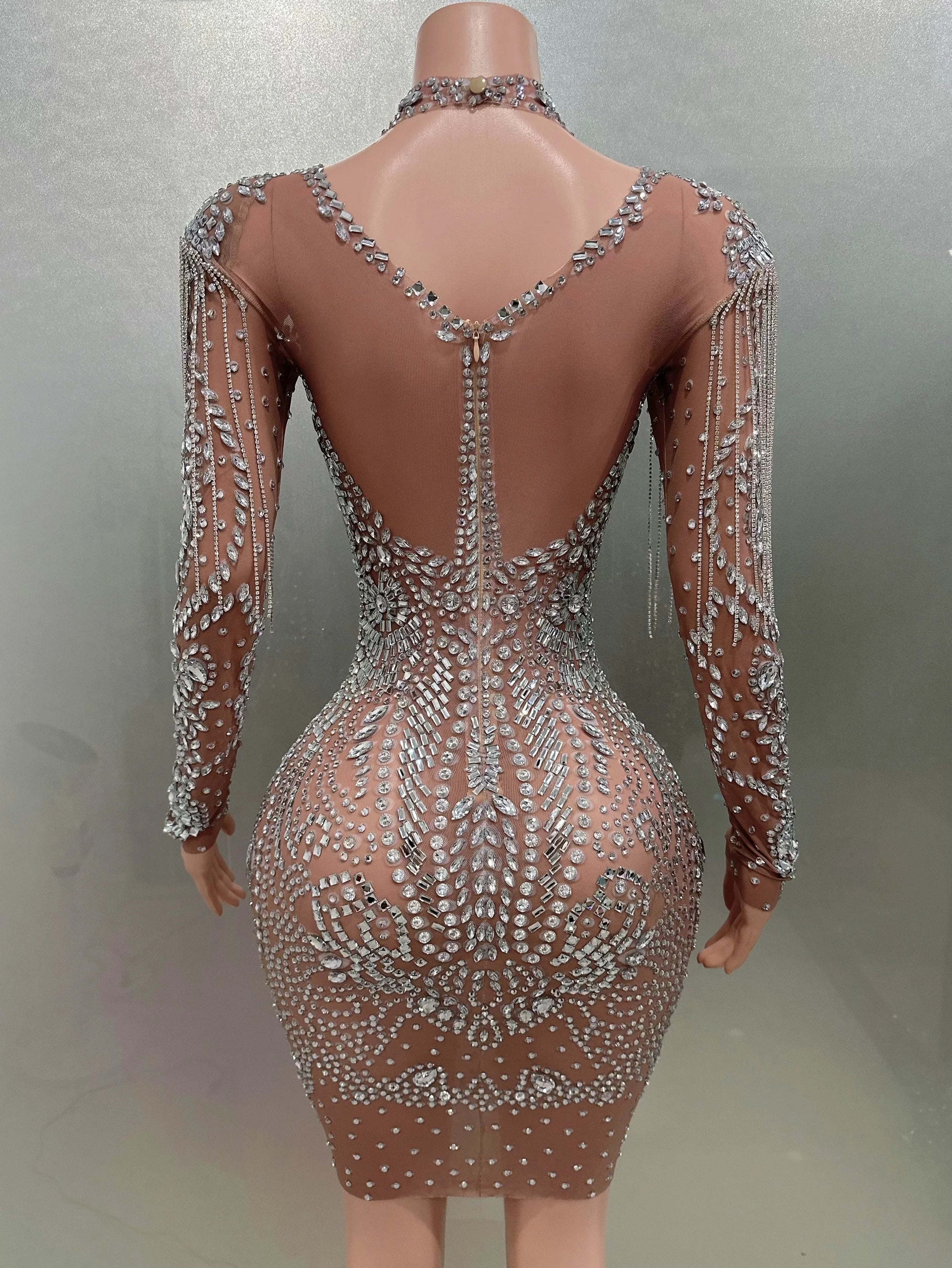 MC THE BLACK DIAMOND sheath mini dress with flashing luxury rhinestones, tassels, perfect for party, nightclub, or stage performances.