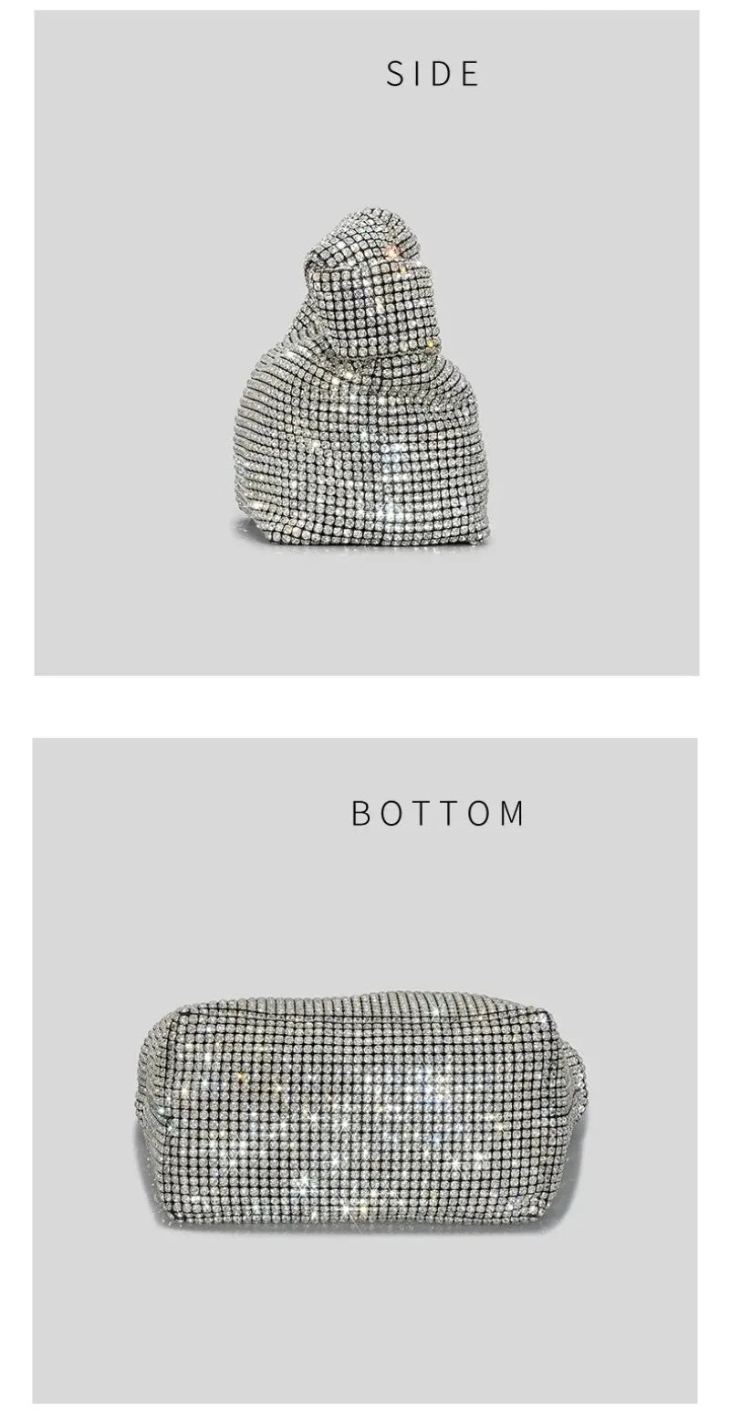 Silver crystal handle evening bag by MC THE BLACK DIAMOND featuring rhinestone knotted design and top handle for women.