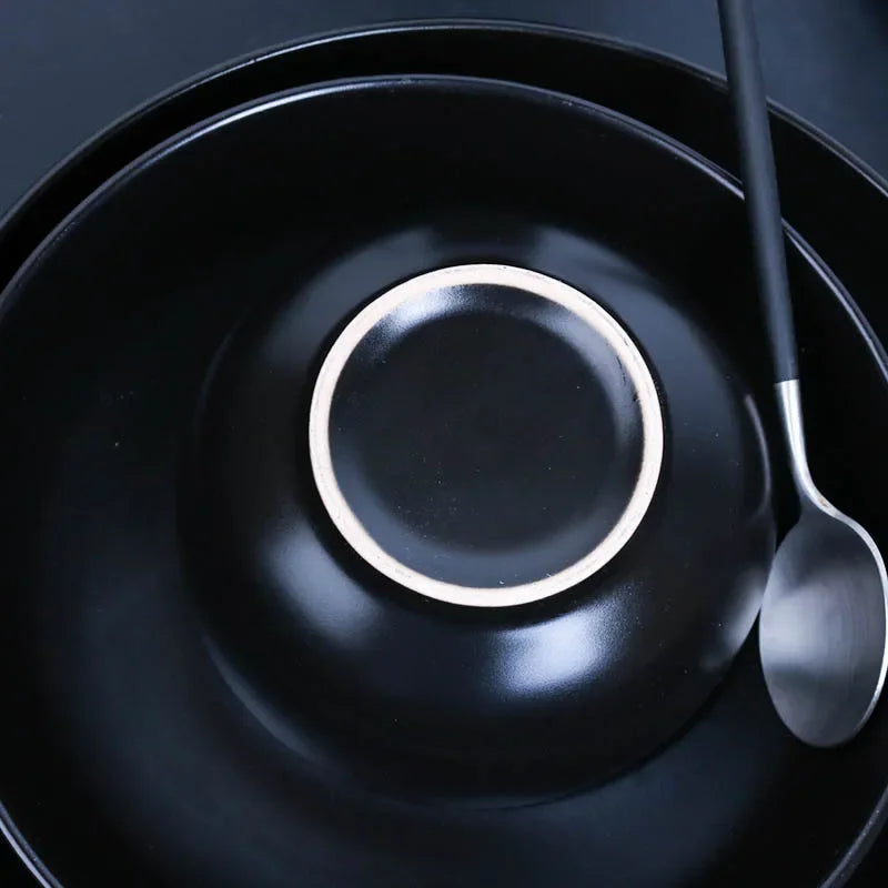 Black ceramic breakfast milk cup and deep soup plate set by 𝕄𝕔 𝕋𝕙𝕖 𝔹𝕝𝕒𝕔𝕜 𝔻𝕚𝕒𝕞𝕠