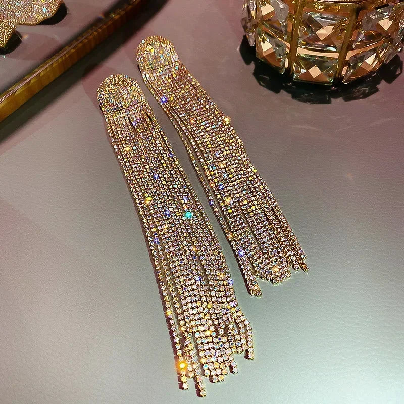 MC THE BLACK DIAMOND FYUAN long tassel rhinestone drop earrings with crystal dangles for women, fashion jewelry accessory
