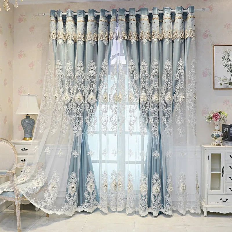Luxury vintage-style embroidered MC THE BLACK DIAMOND curtains, showcasing intricate embroidery and elegant fabric design.