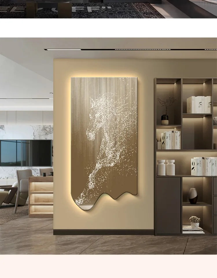 Luxury horse wall art poster by MC The Black Diamond featuring luminous LED lighting for modern living room or corridor decor.