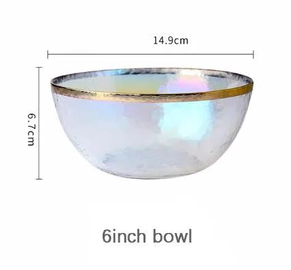 Rainbow glass dinner plates and salad dishes with gilt rims, clear glass serving tray from 𝕄𝕔 𝕋𝕙𝕖 𝔹𝕝𝕒𝕔𝕜 𝔻𝕚𝕒�