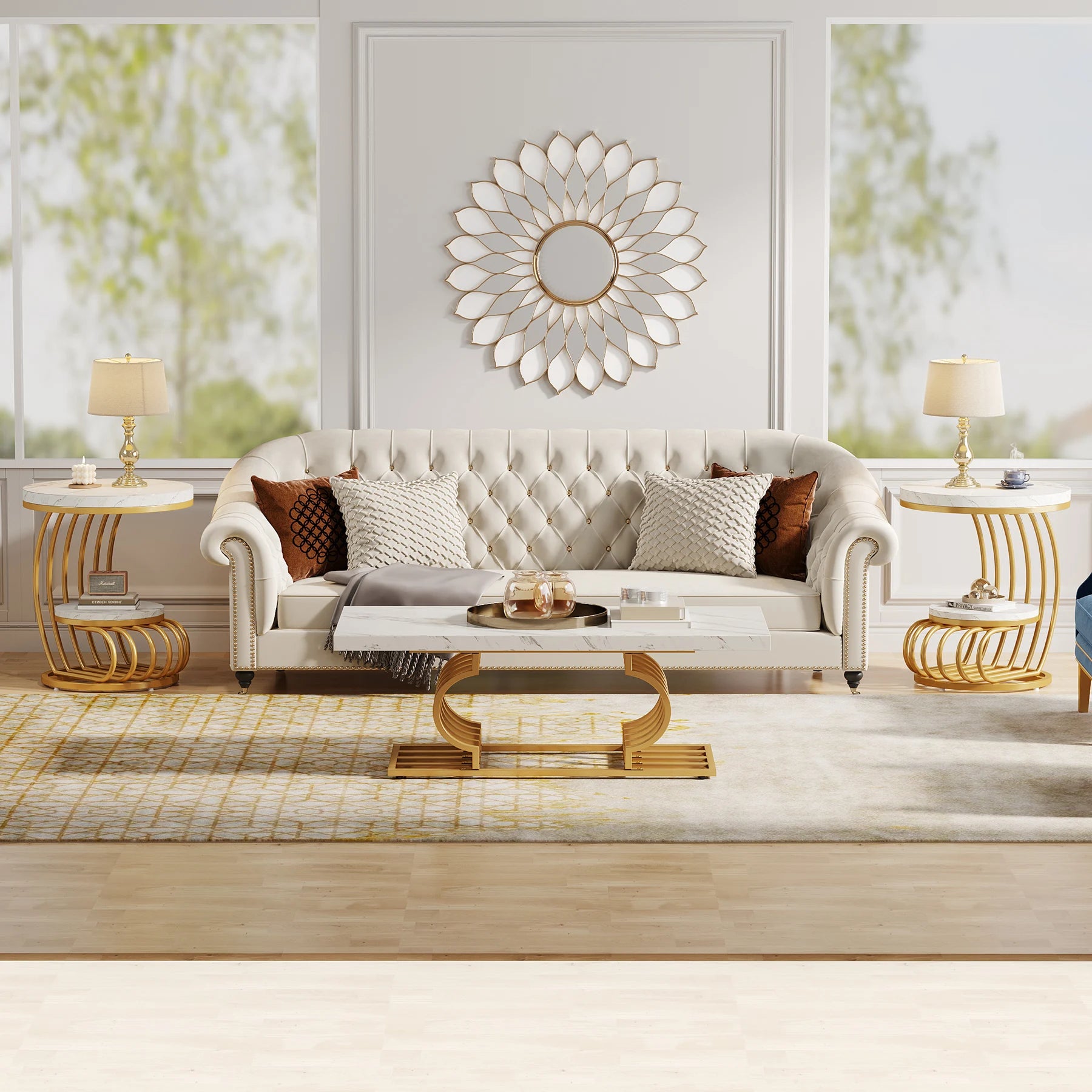 Tribesigns Gold Round End Table: 2 Tiers Faux Marble Side Table with Storage Shelf, Modern White Gold Bedside Nightstand - https://mohammadcollection.com