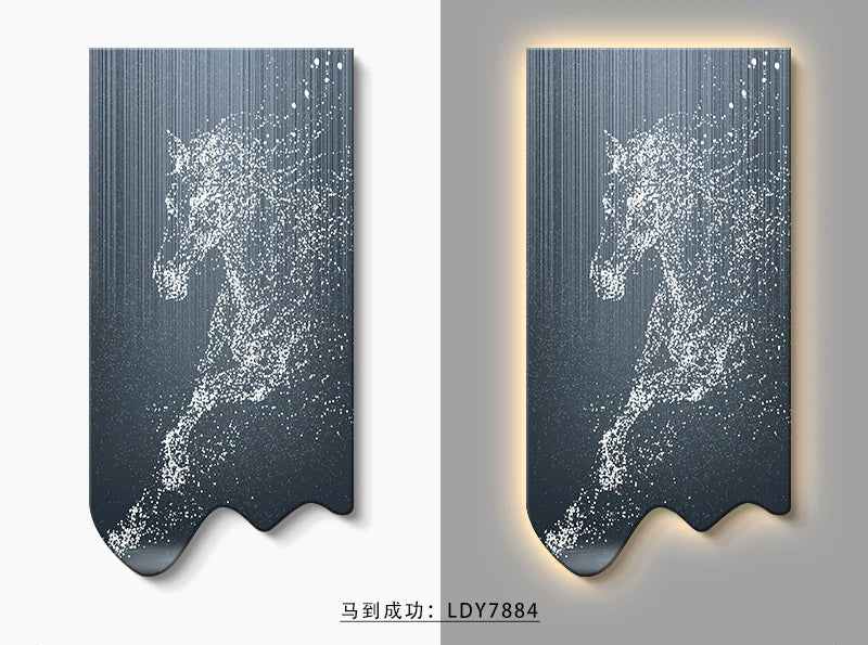 Modern art wall decor poster featuring a luminous horse painting with LED lighting, ideal for luxury living room or corridor decor.