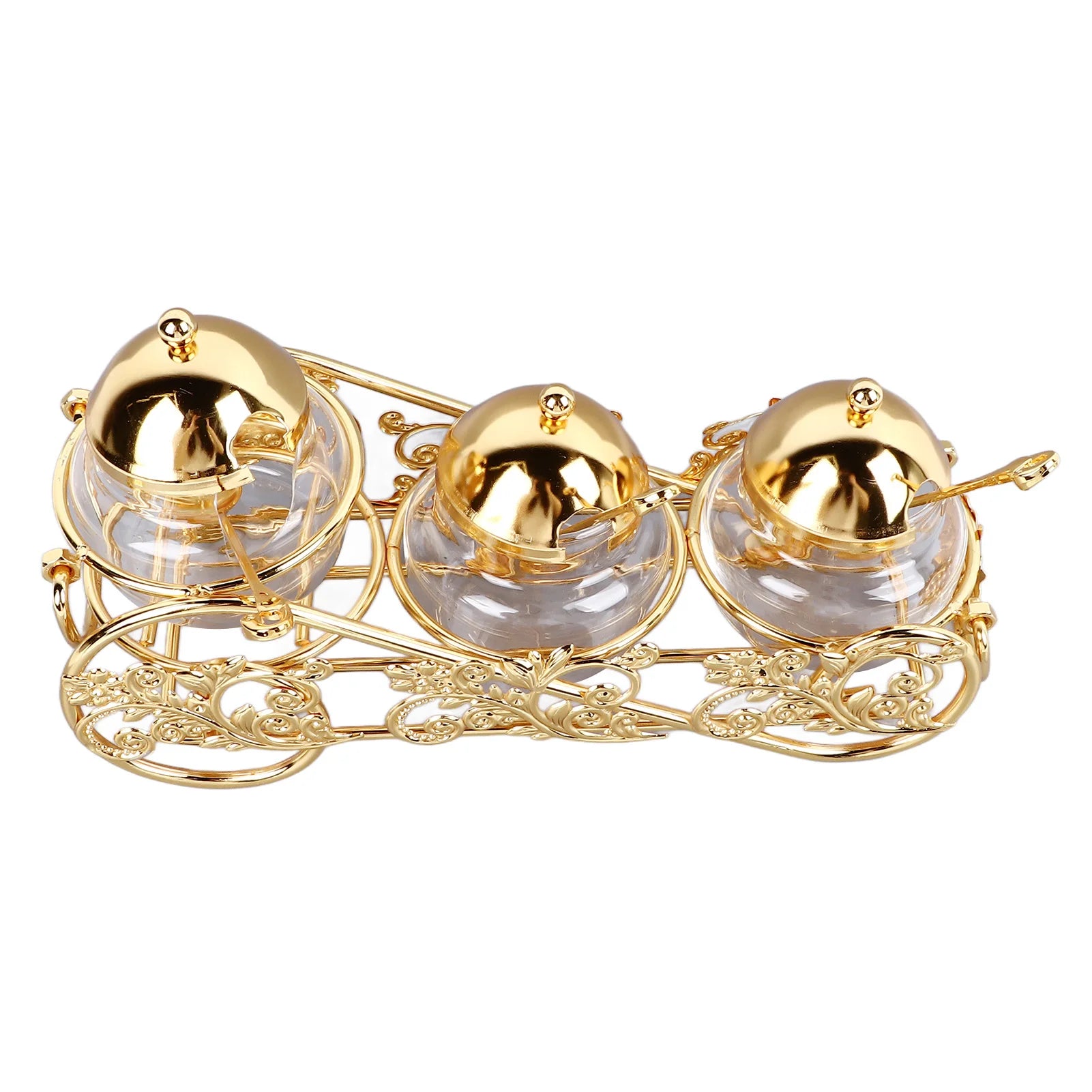 European style polished glass sugar bowl with golden accents, designed for serving condiments and sugar in a stylish home setting.