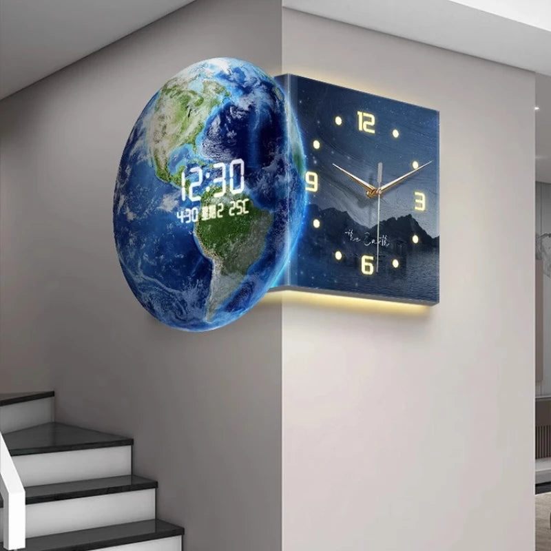 Earth Double Sided Corner Clock LED Wall Clock Modern Design Living Room Decoration Advanced Sense Wall Watch Home Wall Decor - 𝕄𝕮 𝕋𝕙𝕖 𝔹𝕝𝕒𝕔𝕜 𝔻𝕚𝕒𝕞𝕠𝕟𝕕