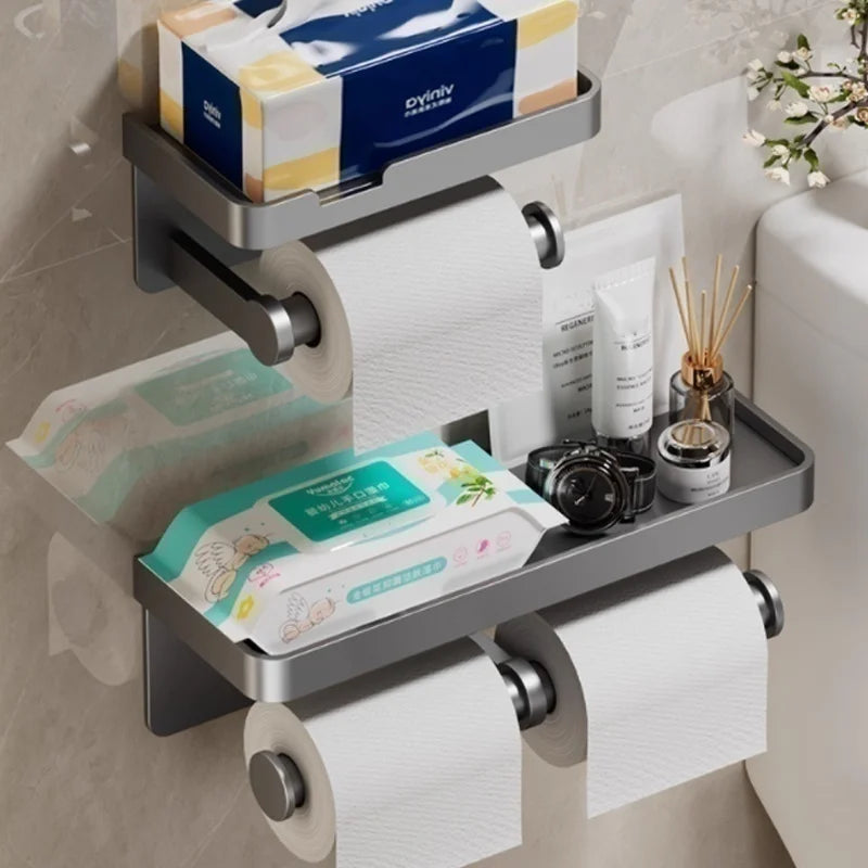 Wall-mounted MC THE BLACK DIAMOND toilet paper holder with waterproof tissue box storage and tissue tube compartment.